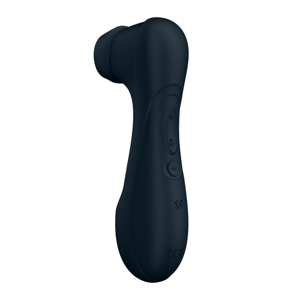 Satisfyer Pro 2 Gen 3 luchtstimulatie vibrator zwart, zijaanzicht met gebogen kop en matte afwerking