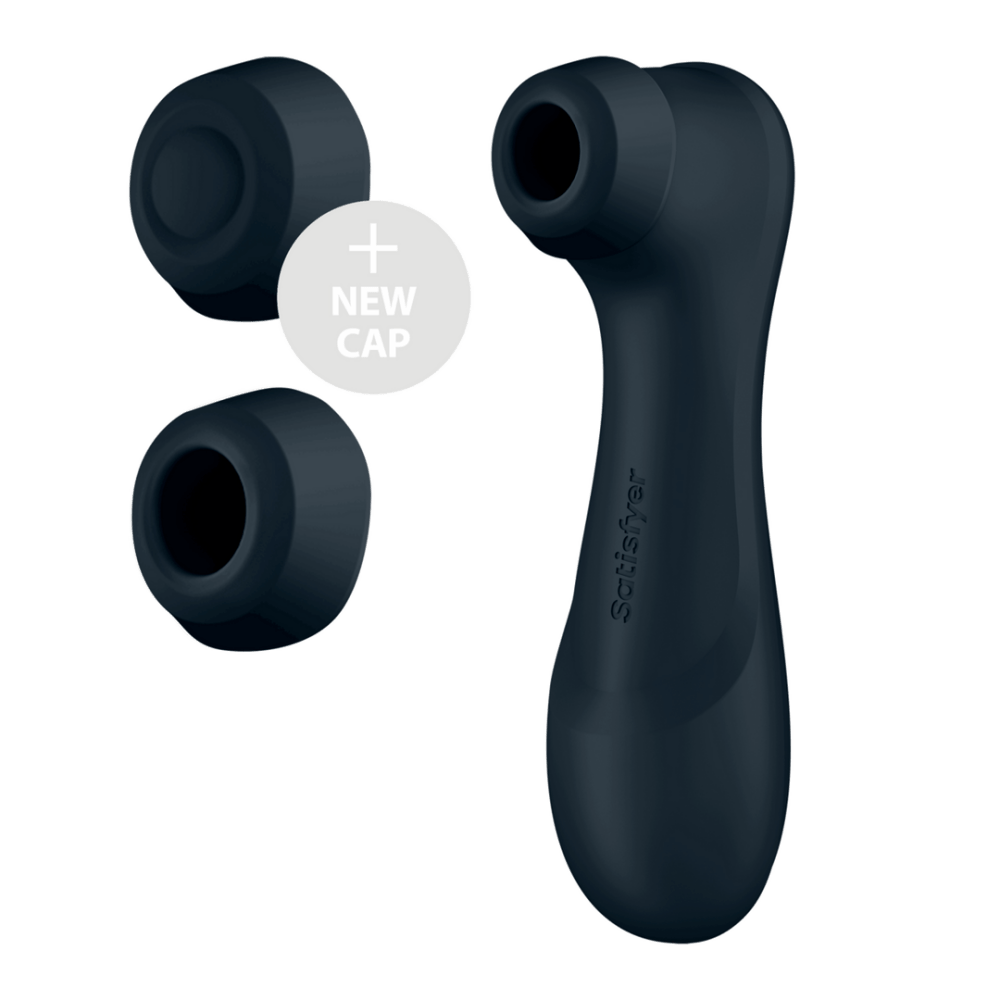 Satisfyer Pro 2 Gen 3 zwart met drie opzetstukken, complete air pulse set op witte achtergrond