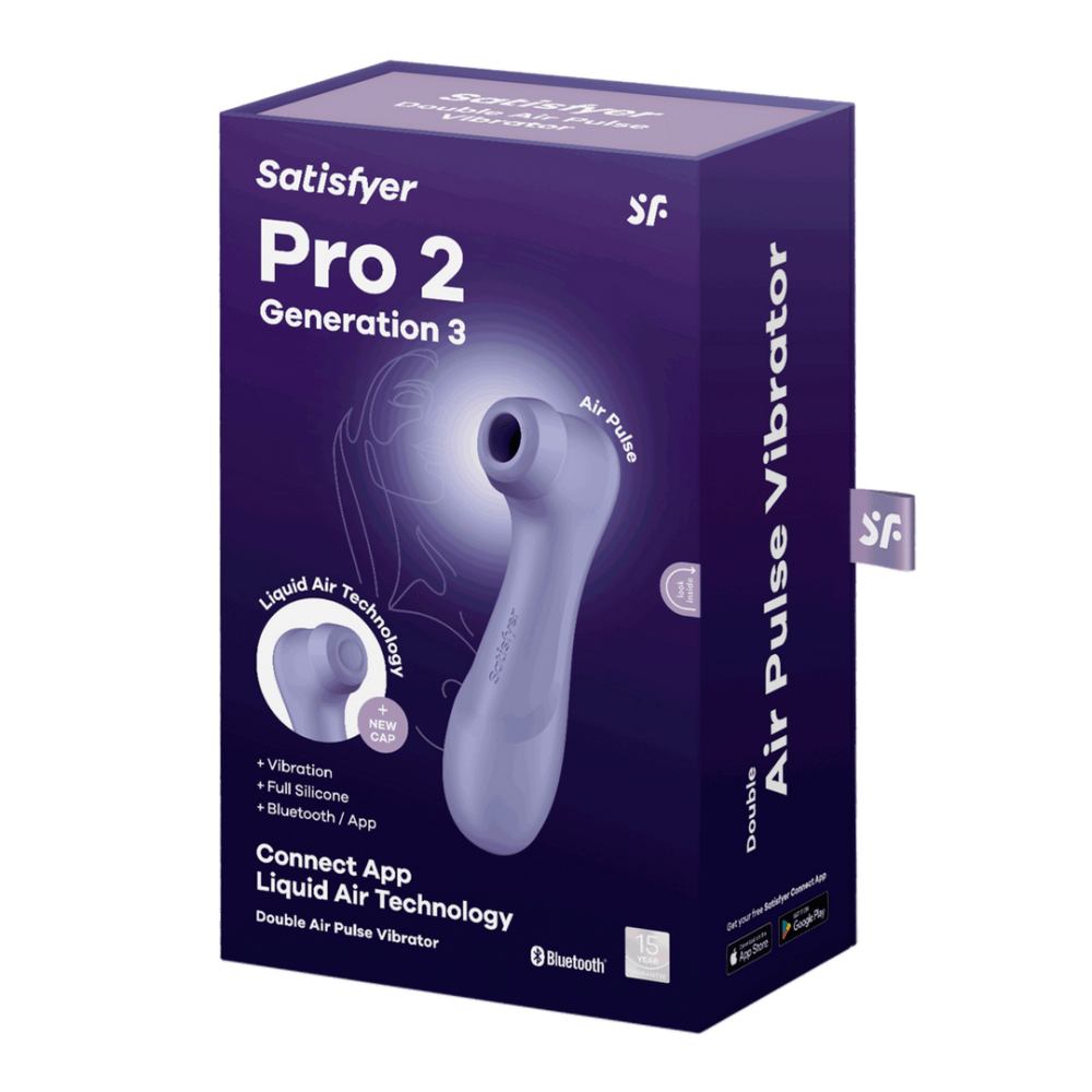 Verpakking Satisfyer Pro 2 Gen 3 air pulse vibrator lila, productdoos met afbeelding van het toestel