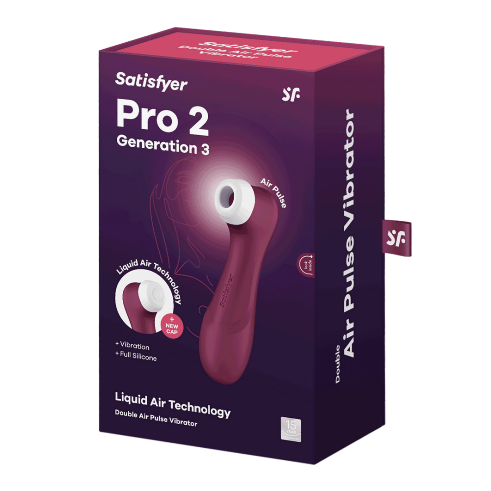Verpakking Satisfyer Pro 2 Gen 3 air pulse vibrator wijnrood, productdoos met afbeelding van het toestel