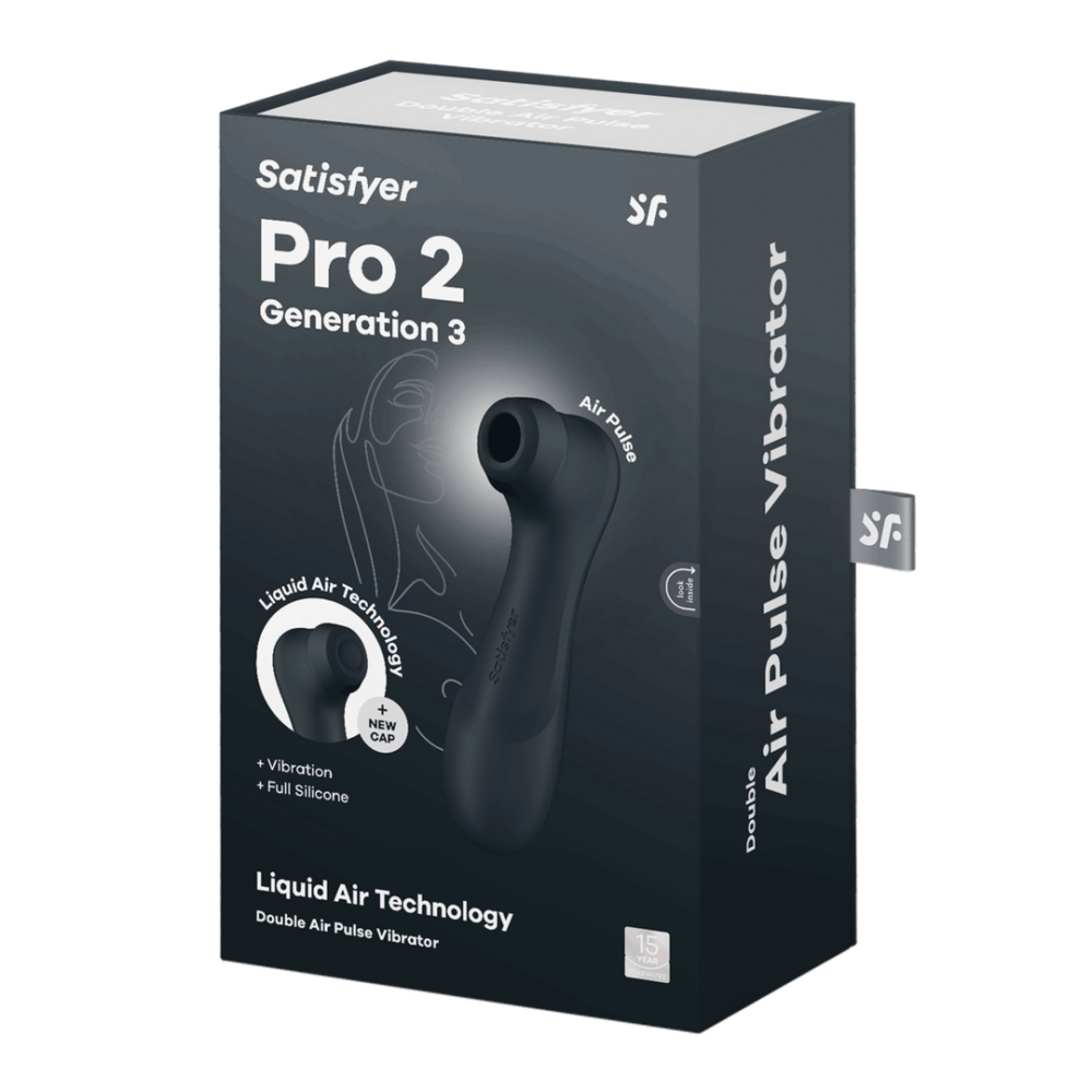Verpakking van Satisfyer Pro 2 Gen 3 Air Pulse vibrator zwart, doos met productvisual en merknaam.