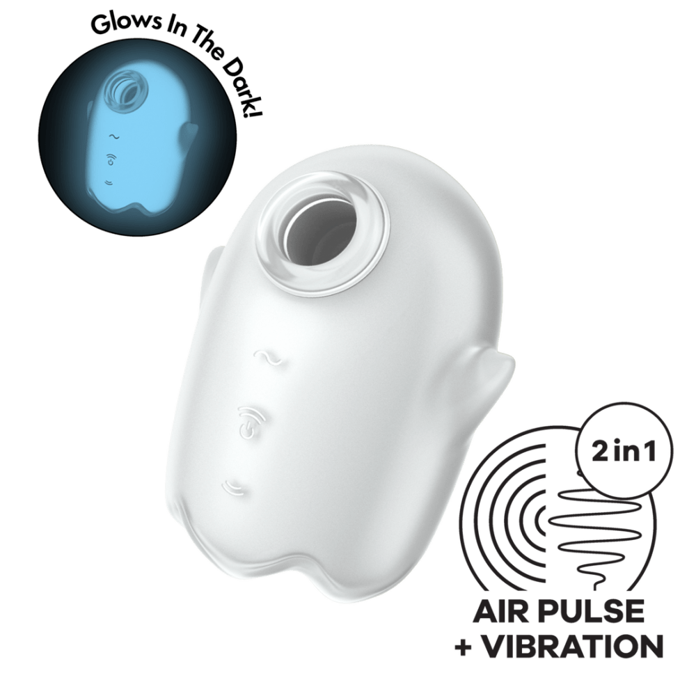Satisfyer Glowing Ghost wit, dubbele air pulse vibrator, met kwaliteitsbadge