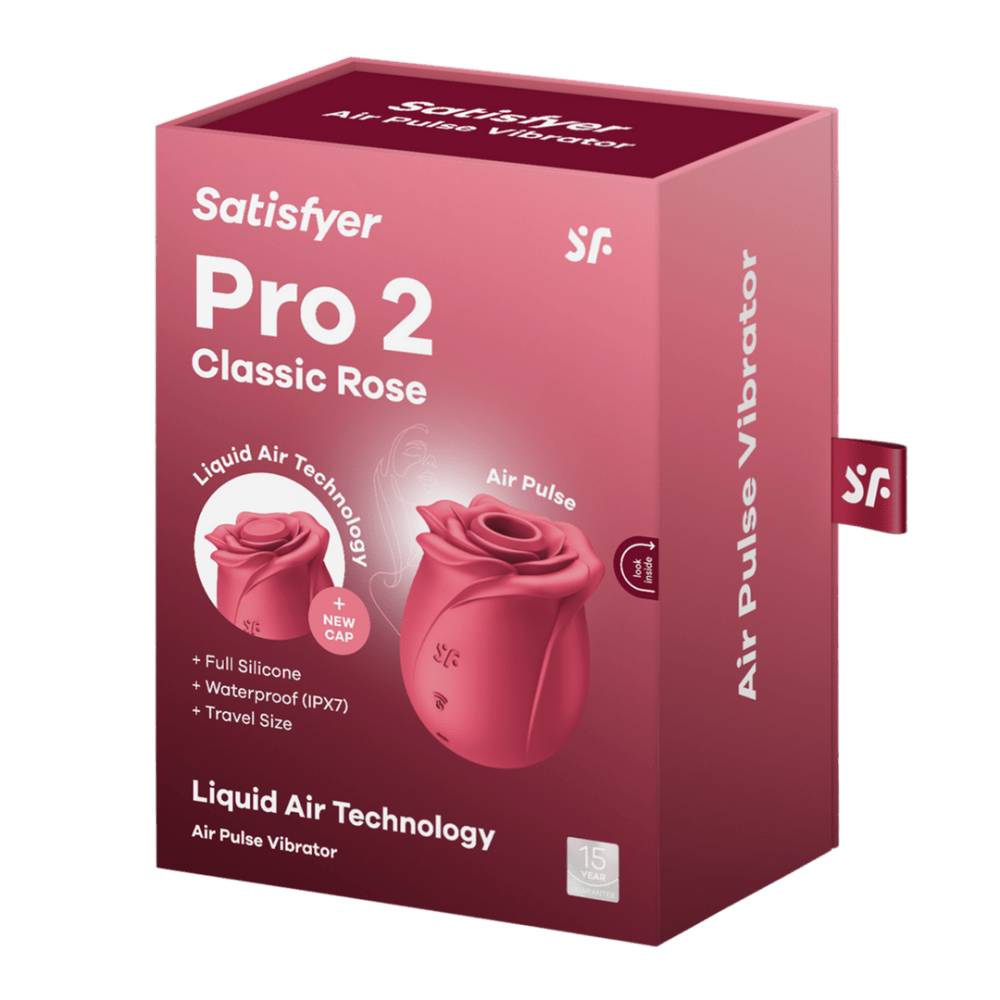 Satisfyer Pro 2 Classic Rose verpakking, rood, productdoos met merk en productfoto