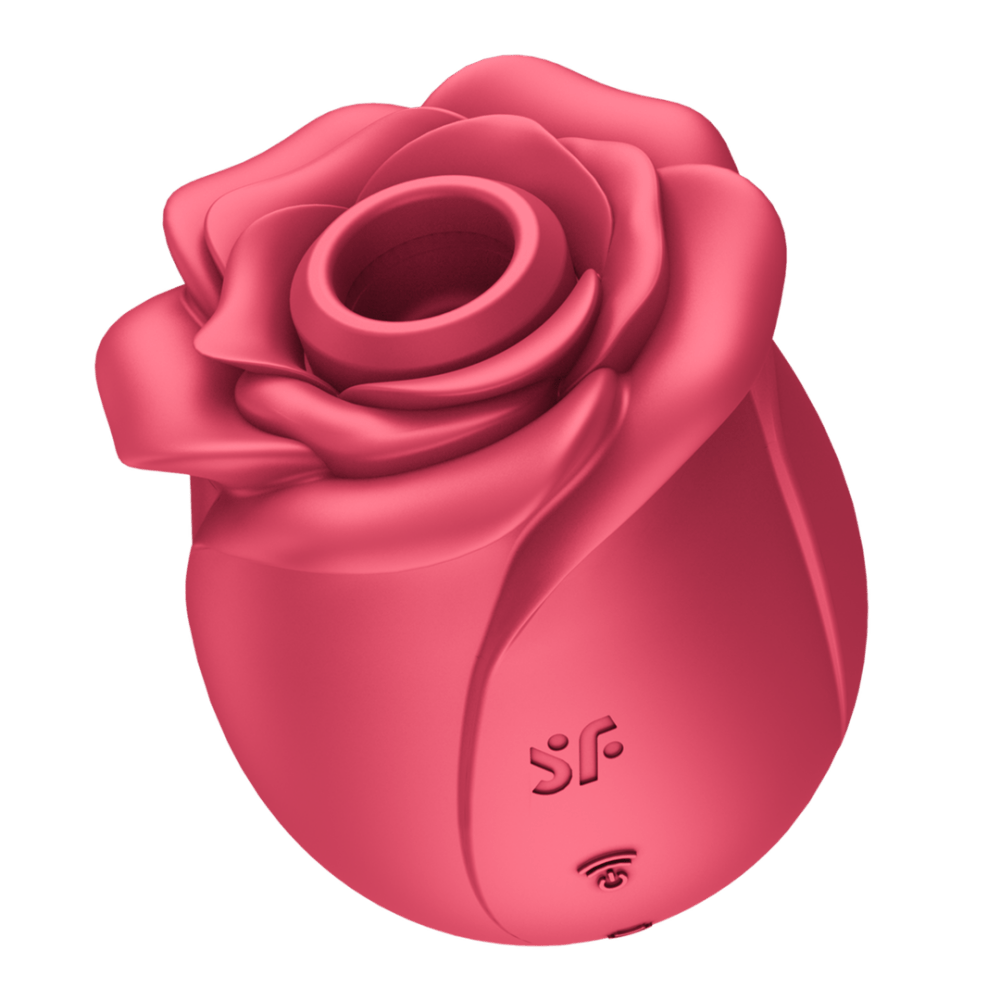 Satisfyer Pro 2 Classic Rose rood, schuin vooraanzicht, roosdesign luchtdruk stimulator met knop
