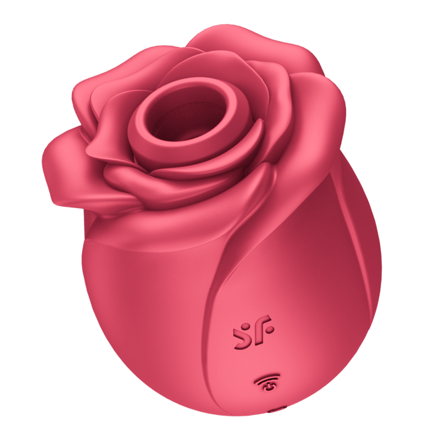 Satisfyer Pro 2 Classic Rose rood, schuin vooraanzicht, roosdesign luchtdruk stimulator met knop