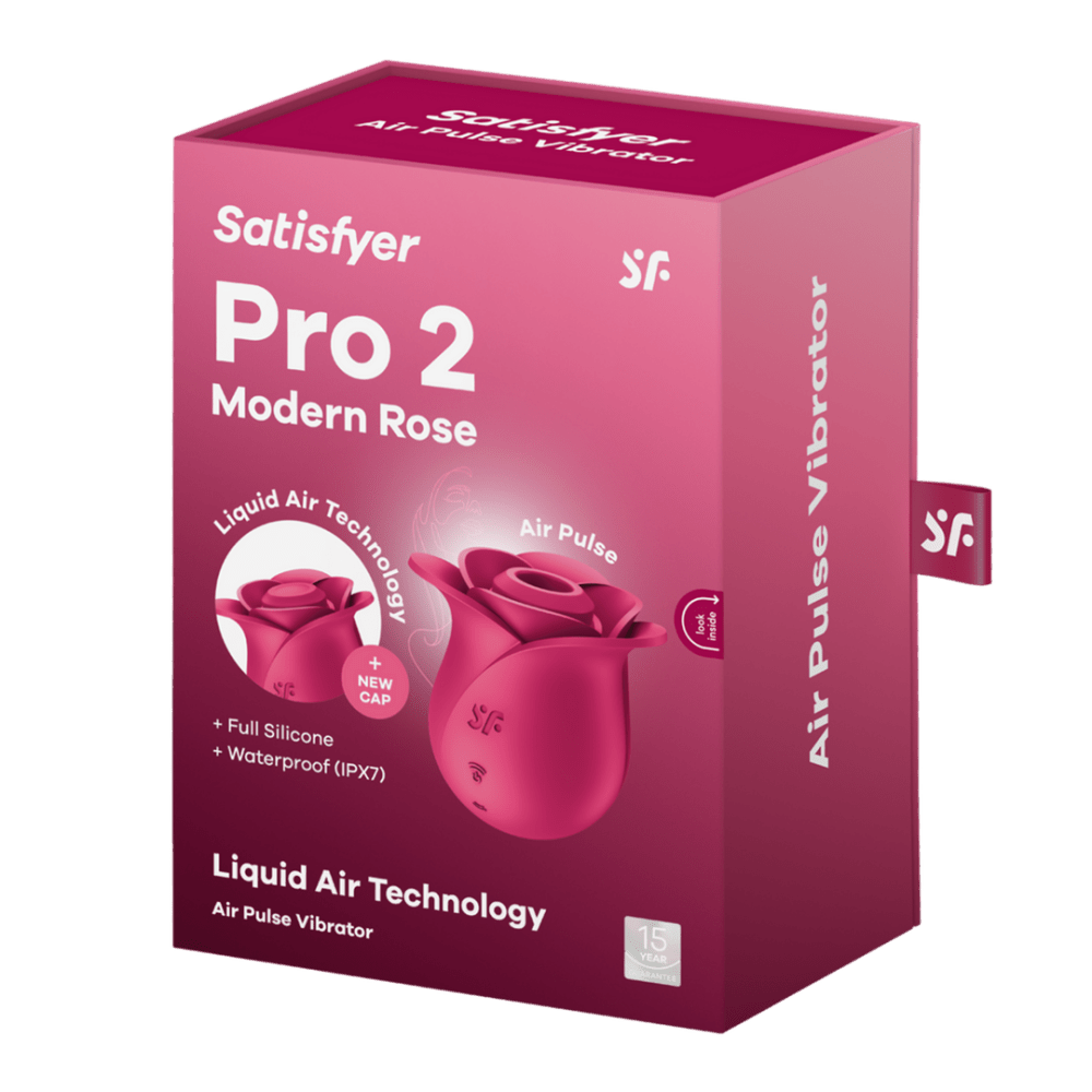 Satisfyer Pro 2 Modern Rose verpakking, rood, productdoos met merk en productfoto