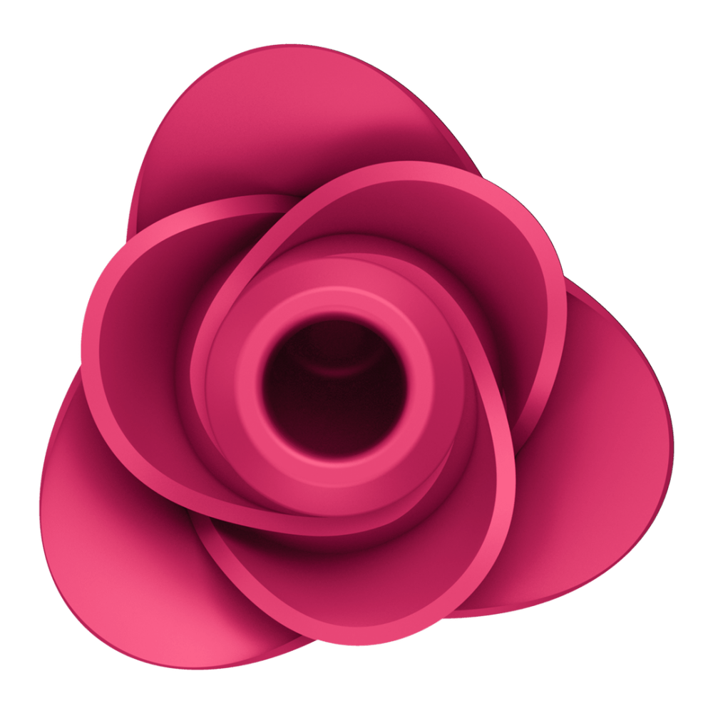 Satisfyer Pro 2 Modern Rose rood, bovenaanzicht, roosvormige luchtdruk stimulator met opening