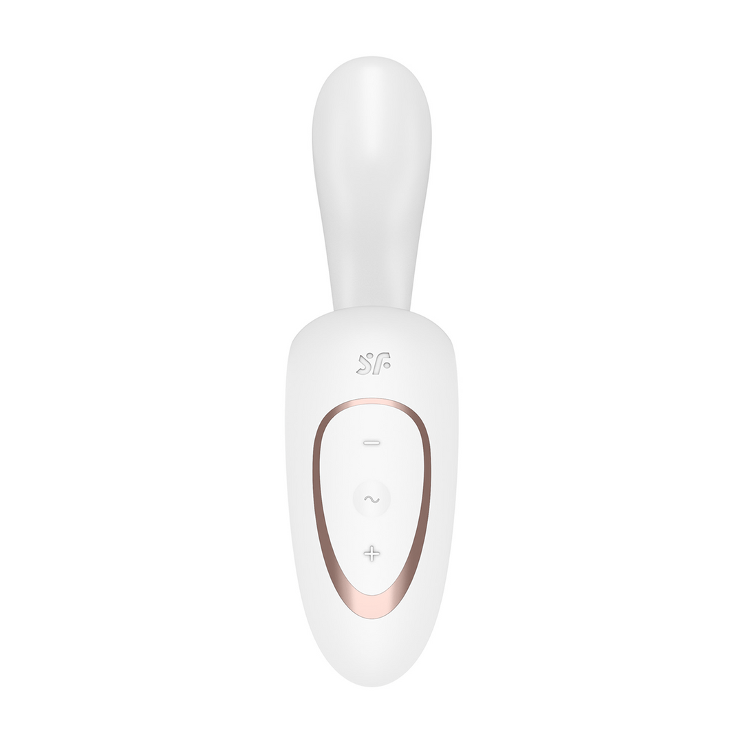 Satisfyer G for Goddess 1 rabbit vibrator wit, vooraanzicht met dubbele stimulatiekop en bedieningspaneel