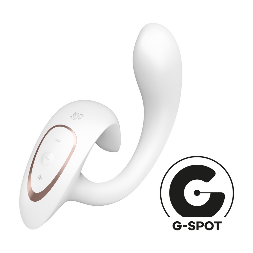 Satisfyer G for Goddess 1 rabbit vibrator wit, schuin zijaanzicht met G for Goddess badge