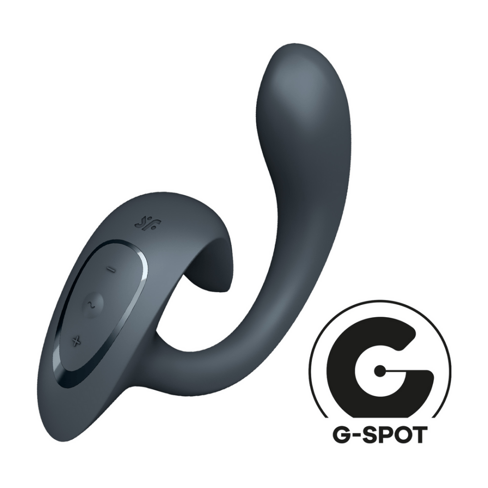 Satisfyer G for Goddess 1 rabbit vibrator donkergrijs, schuin zijaanzicht met G for Goddess badge