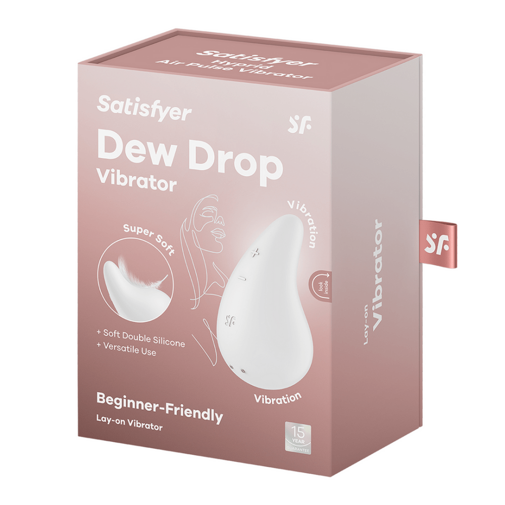 Satisfyer Dew Drop verpakking, oplegvibrator wit, productdoos met productfoto en merknaam