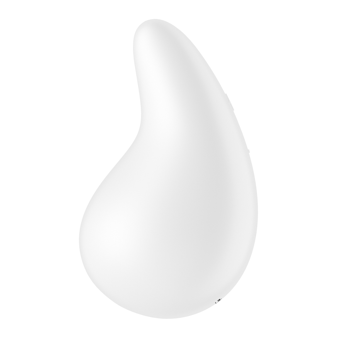 Satisfyer Dew Drop oplegvibrator wit, vooraanzicht, druppelvorm met zachte siliconen en bedieningsknop
