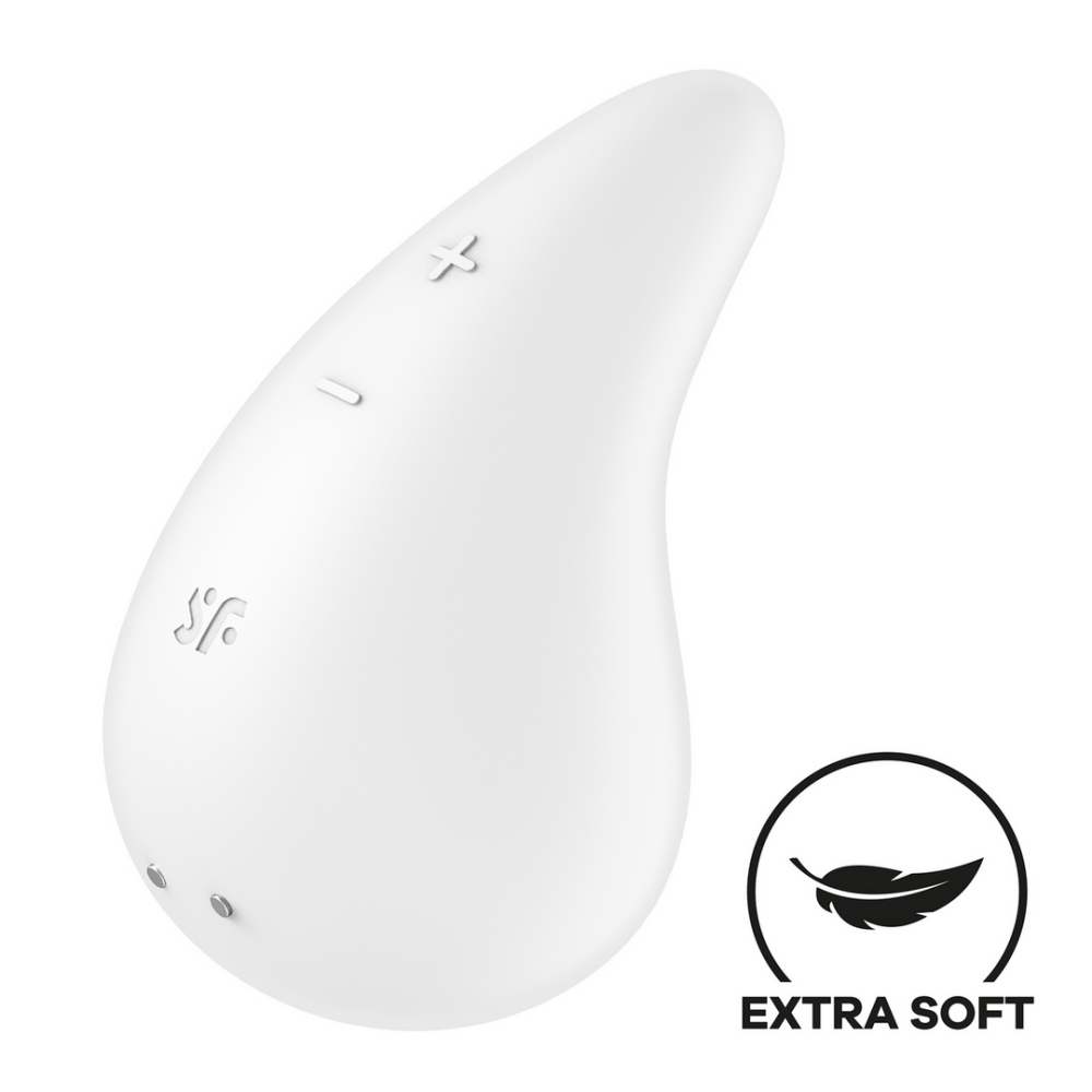 Satisfyer Dew Drop oplegvibrator wit, schuin zijaanzicht, druppelvormig design voor gerichte stimulatie