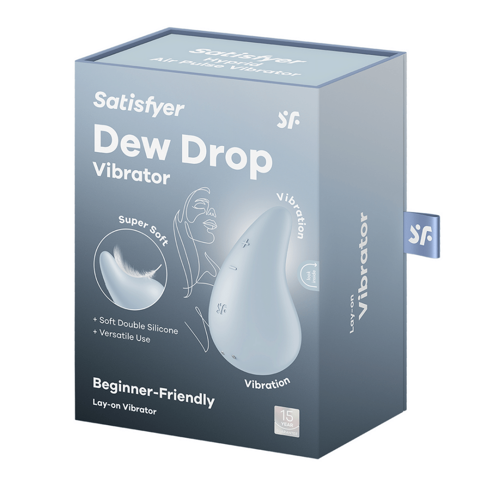 Satisfyer Dew Drop verpakking, oplegvibrator blauw, productdoos met productfoto en merknaam