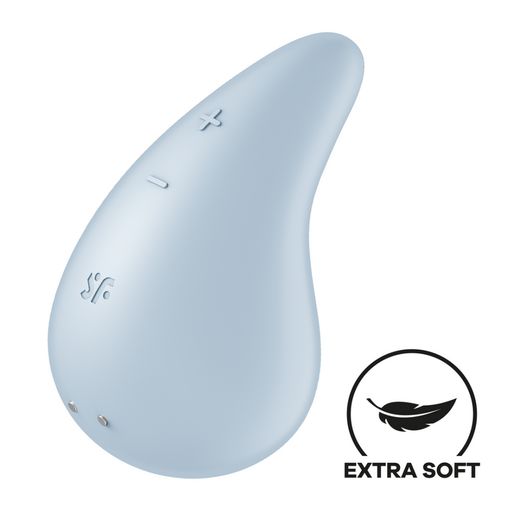 Satisfyer Dew Drop oplegvibrator blauw, schuin zijaanzicht, druppelvormig design voor gerichte stimulatie