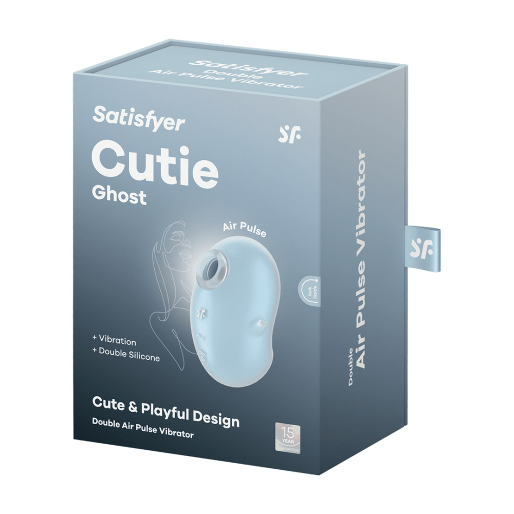 Satisfyer Cutie Ghost verpakking, air pulse vibrator blauw, productdoos met foto en merknaam