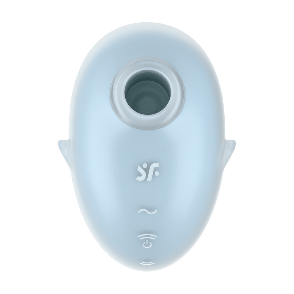 Satisfyer Cutie Ghost air pulse stimulator blauw, vooraanzicht met zuigopening en bedieningsknop