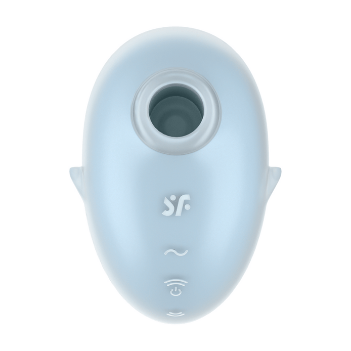Satisfyer Cutie Ghost air pulse stimulator blauw, vooraanzicht met zuigopening en bedieningsknop