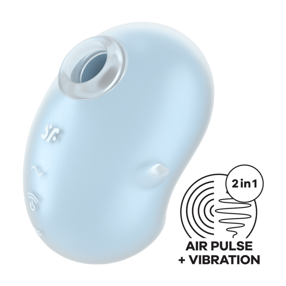 Satisfyer Cutie Ghost air pulse vibrator blauw, schuin vooraanzicht, zuigopening bovenaan