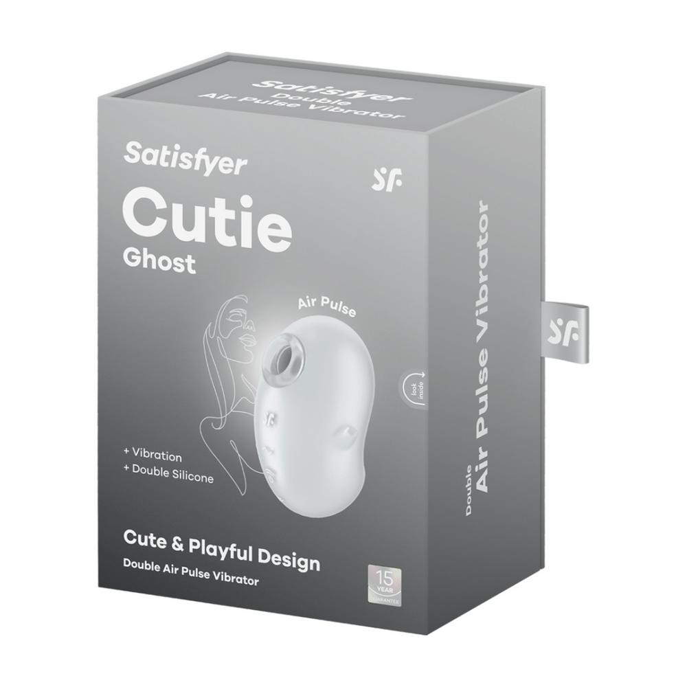 Satisfyer Cutie Ghost verpakking, air pulse vibrator wit, productdoos met foto en merknaam
