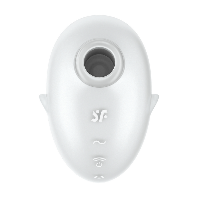 Satisfyer Cutie Ghost air pulse stimulator wit, vooraanzicht met zuigopening en bedieningsknop
