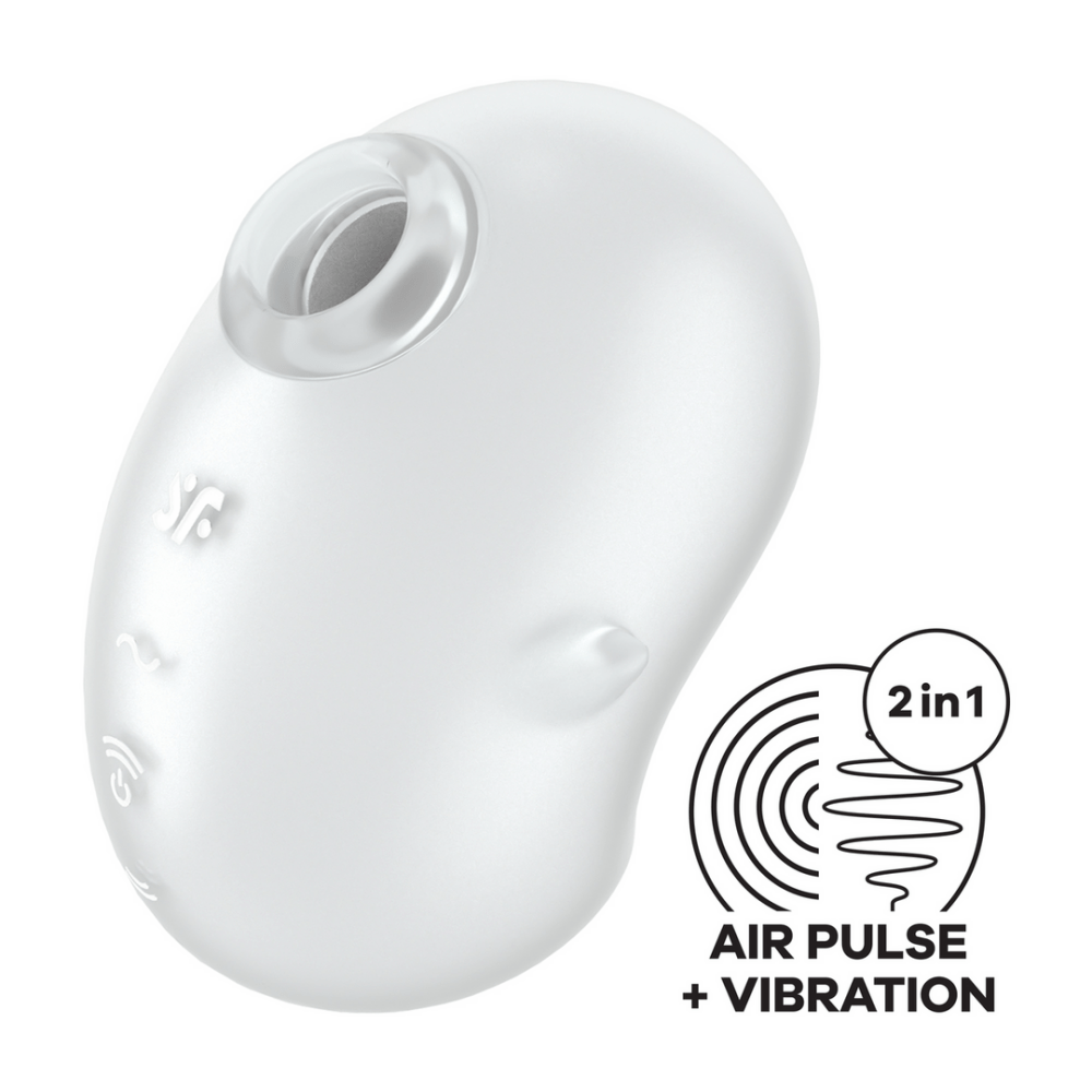 Satisfyer Cutie Ghost air pulse vibrator wit, schuin vooraanzicht, zuigopening bovenaan