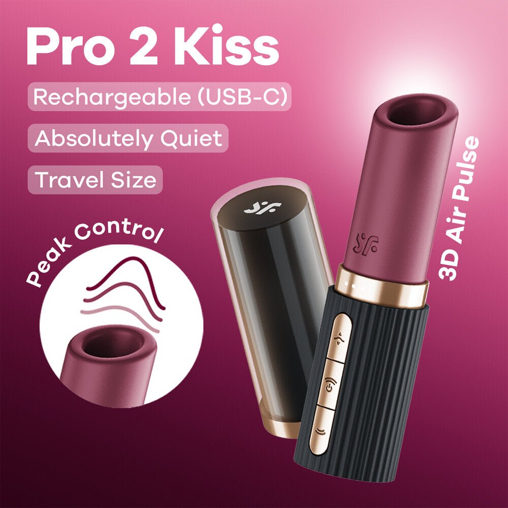 Satisfyer Pro 2 Kiss Air Pulse vibrator paars met productafbeelding en functies op promotiebeeld