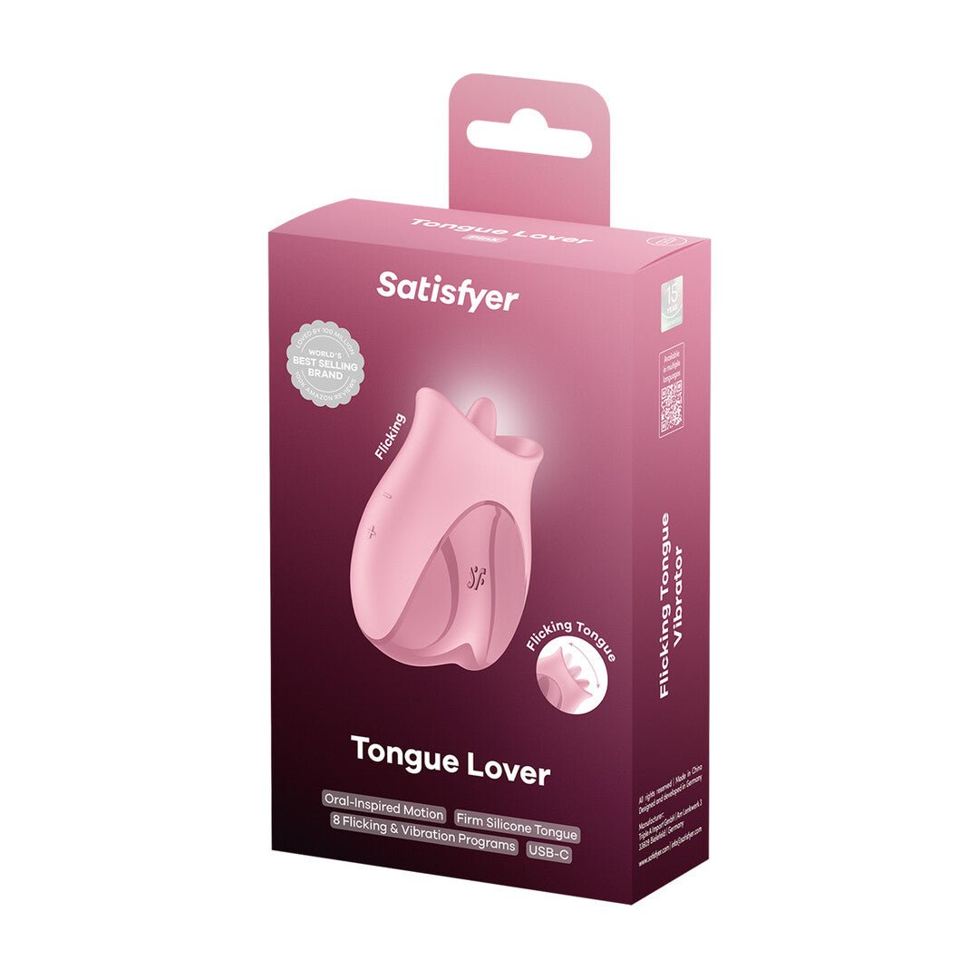 Verpakking van Satisfyer Tongue Lover roze, compacte tongvibrator in roze doos met productafbeelding voorop