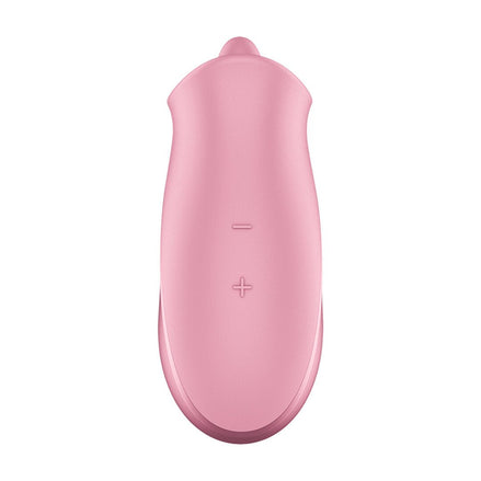 Satisfyer Tongue Lover roze zijaanzicht, compacte tongvibrator van siliconen met afgeronde vorm en slank model