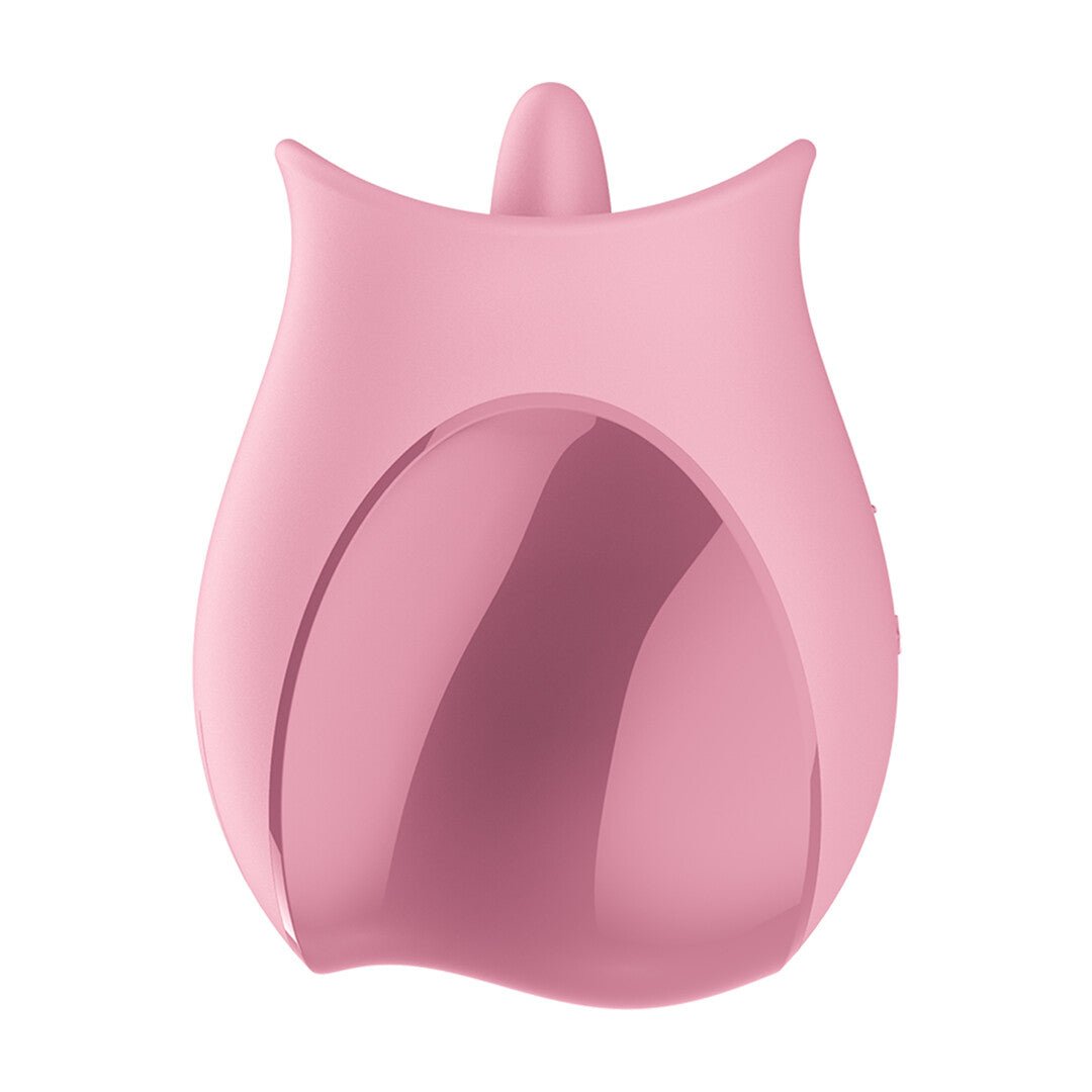 Satisfyer Tongue Lover roze close-up, tongvibrator met brede opening, zachte siliconen afwerking en compact formaat