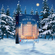 Donkerblauwe Satisfyer Deluxe Adventskalender 2025 doos recht van voren met gouden sterren en sneeuwachtige achtergrond