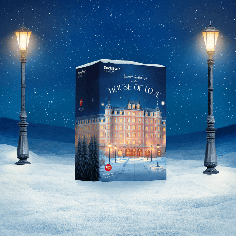 Donkerblauwe Satisfyer Premium Adventskalender 2025 doos recht van voren met gouden sterren en cijfers 1 tot 24