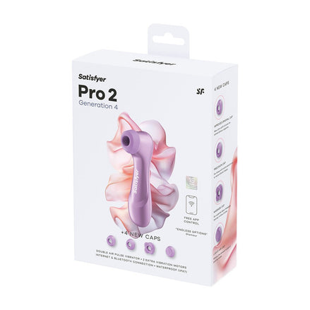 Witte doos van de Satisfyer Pro 2 Generatie 4 met het amethist toestel, vier caps en iconen voor app-bediening en 15 jaar garantie