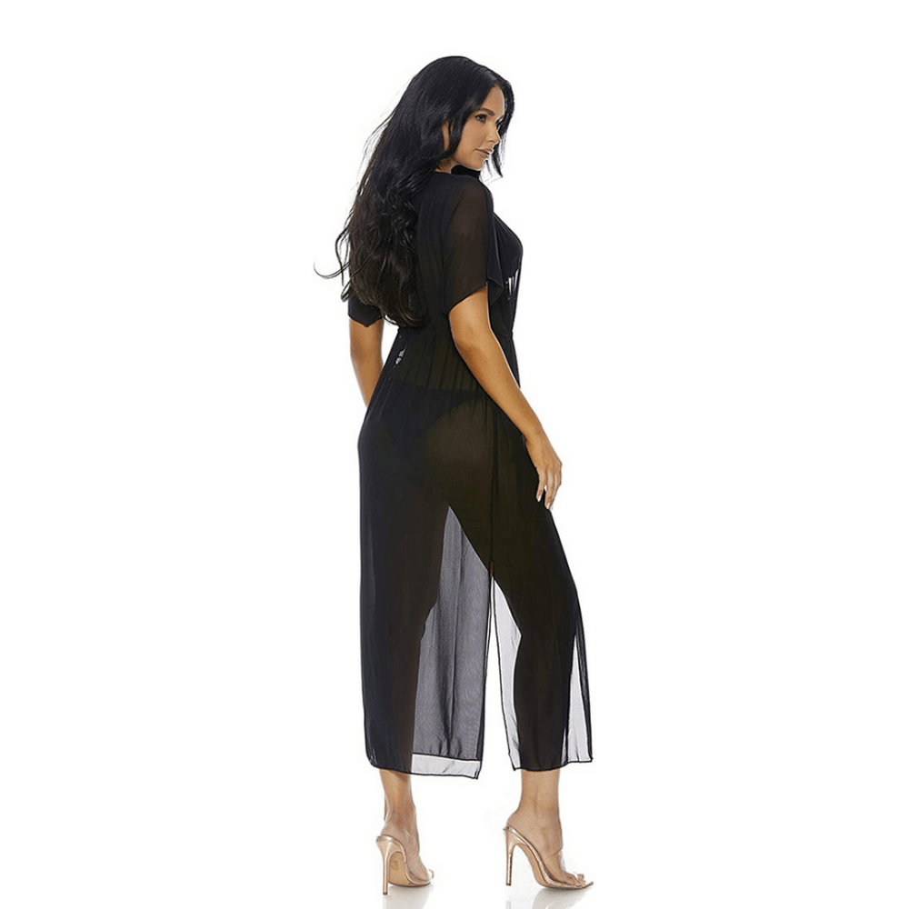 Forplay Tolu resort cover-up zwart maat M, zijaanzicht met soepel vallende strandlook over bikini