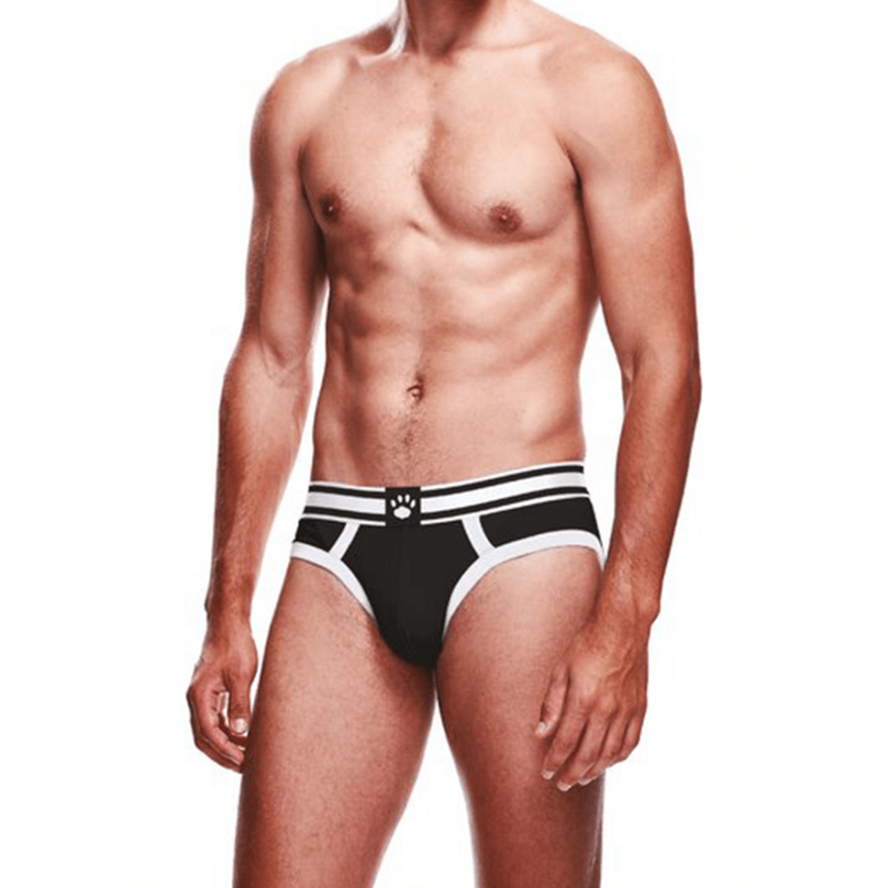 Man draagt Prowler Brief zwart/wit maat XS, vooraanzicht met tweekleurige logo-tailleband