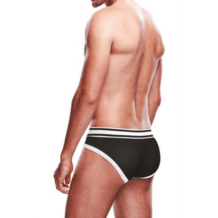 Zij- en rugaanzicht Prowler Brief maat XS zwart/wit met tweekleurige logo-tailleband