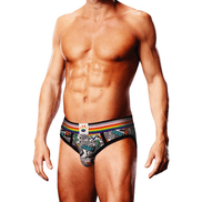 Man draagt Prowler Comic Book Brief maat XS met kleurrijke comic print en brede Prowler tailleband vooraanzicht