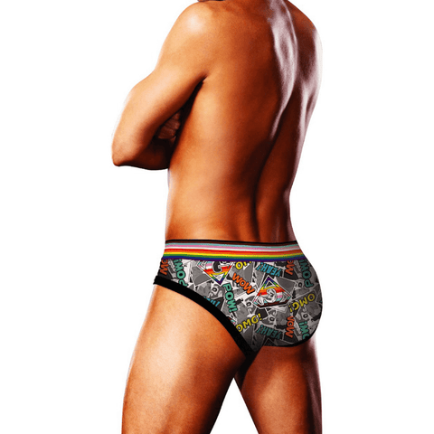 Rugaanzicht Prowler Comic Book Brief maat XS met grijze comic-print en regenboogkleurige tailleband