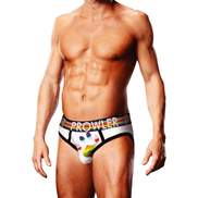 Man draagt Prowler Oversized Paw Brief wit maat M, vooraanzicht met brede paw-logo tailleband