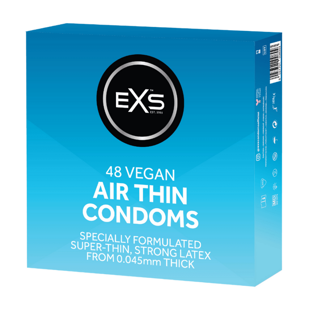 EXS Air Thin ultra dunne condooms 48 stuks, blauwe doosverpakking met zwarte merkbadge