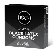 EXS zwarte latex condooms 54 mm 48 stuks, zwarte doosverpakking met witte producttekst