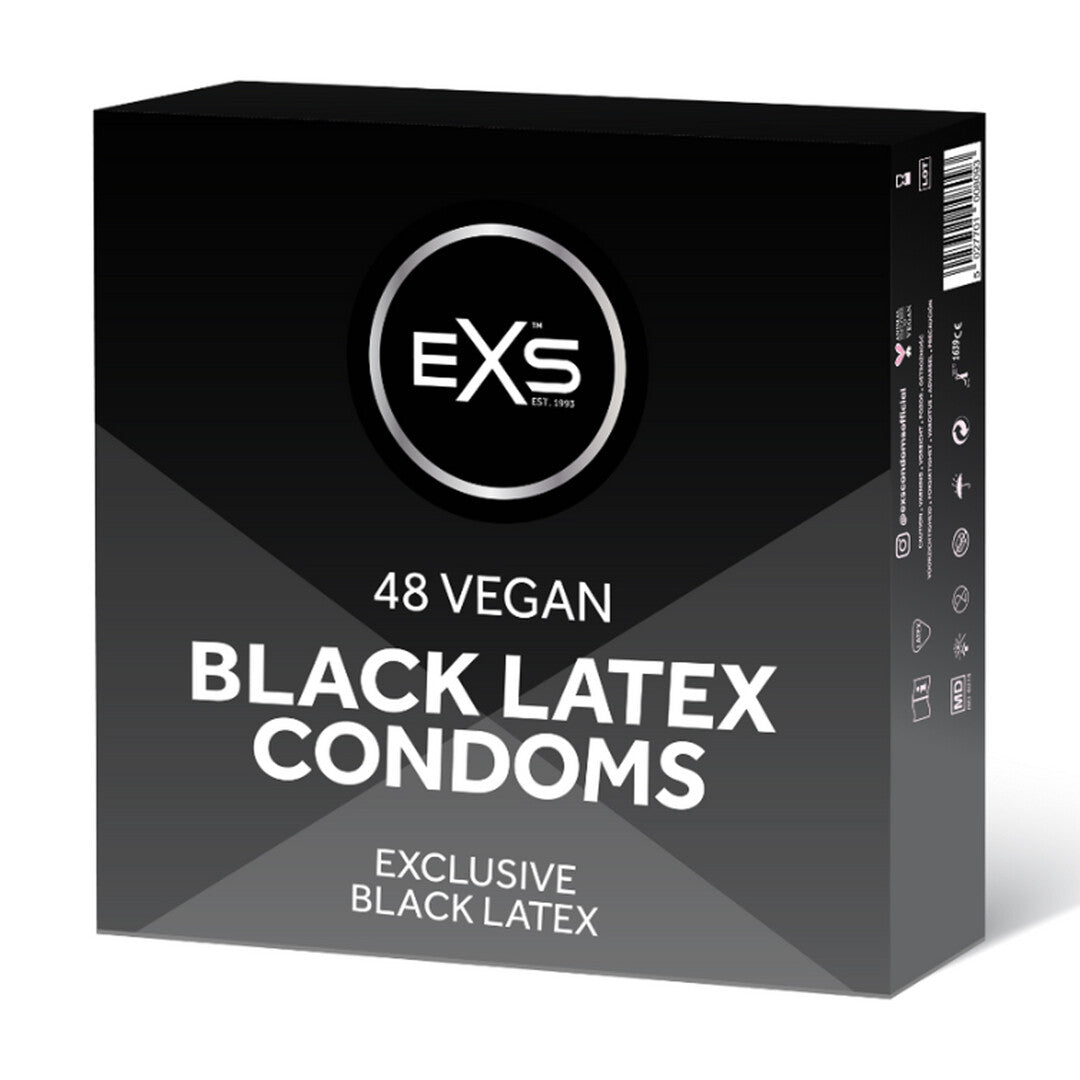 EXS zwarte latex condooms 54 mm 48 stuks, zwarte doosverpakking met witte producttekst