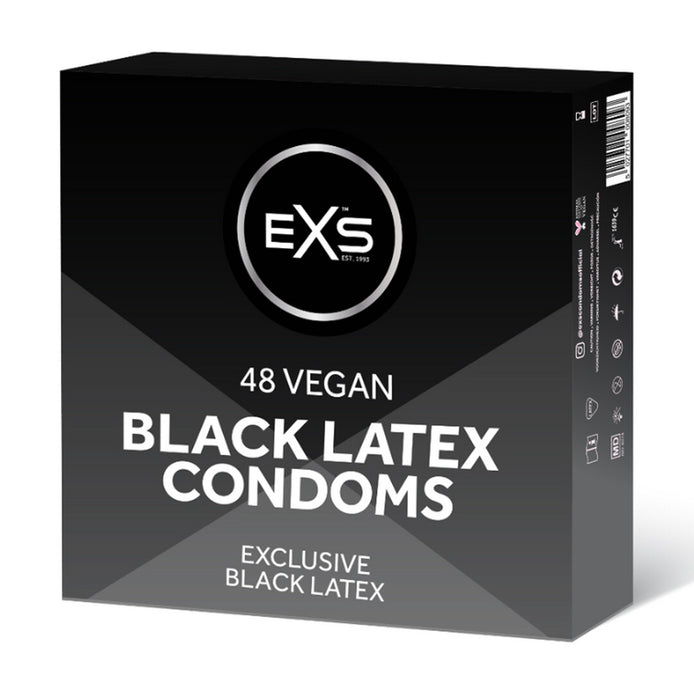 EXS zwarte latex condooms 54 mm 48 stuks, zwarte doosverpakking met witte producttekst