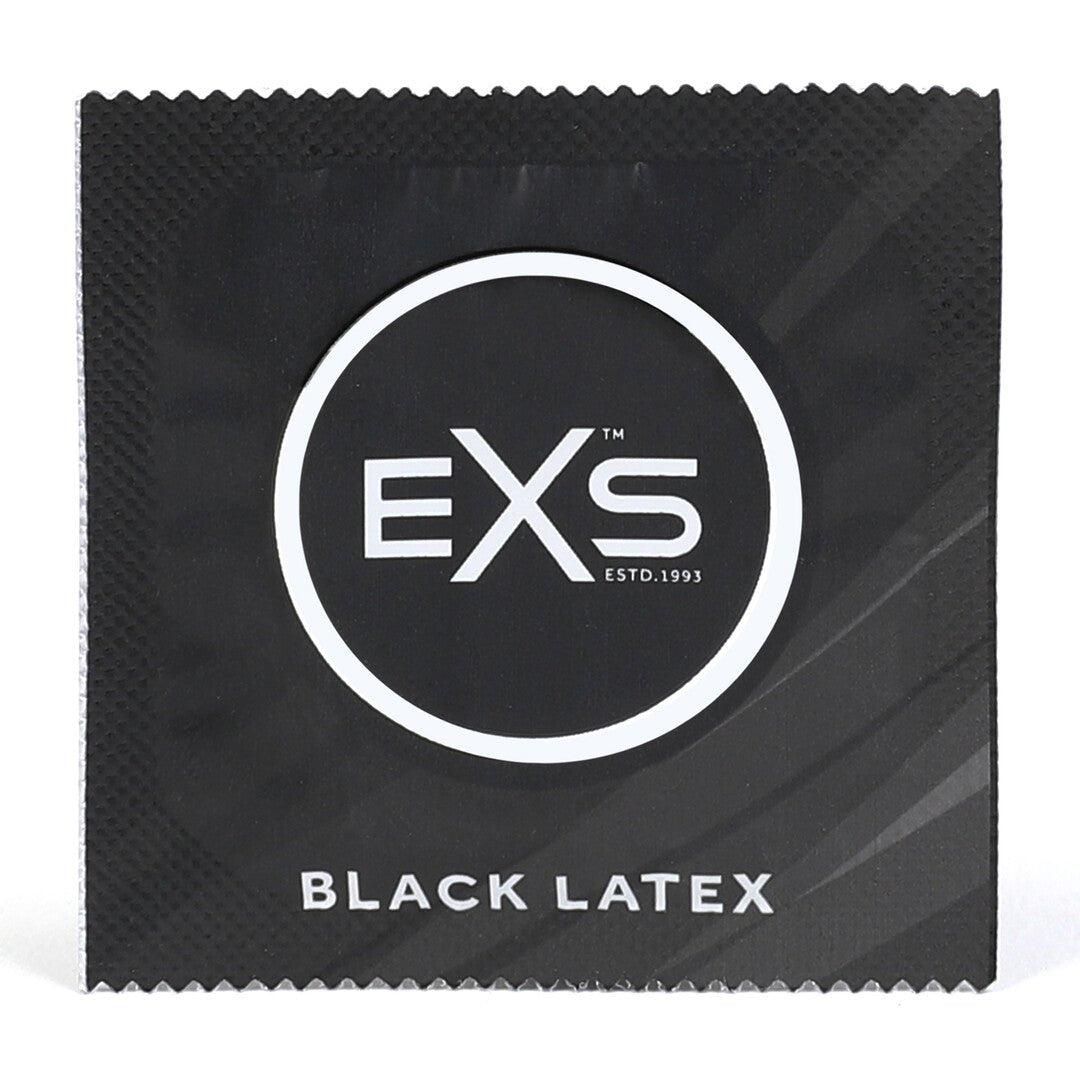 Losse EXS zwarte latex condoomverpakking in zwarte folie met ronde merkbadge