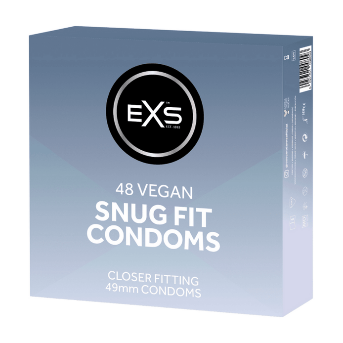 EXS Snug Fit Condooms 49 mm 48 stuks, lichtblauwe verpakking met donker logo, frontaal op witte studioachtergrond