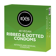 EXS Ribbed & Dotted Condooms 48 Stuks 56 mm in frisgroene verpakking, strak vooraanzicht op witte studio-achtergrond