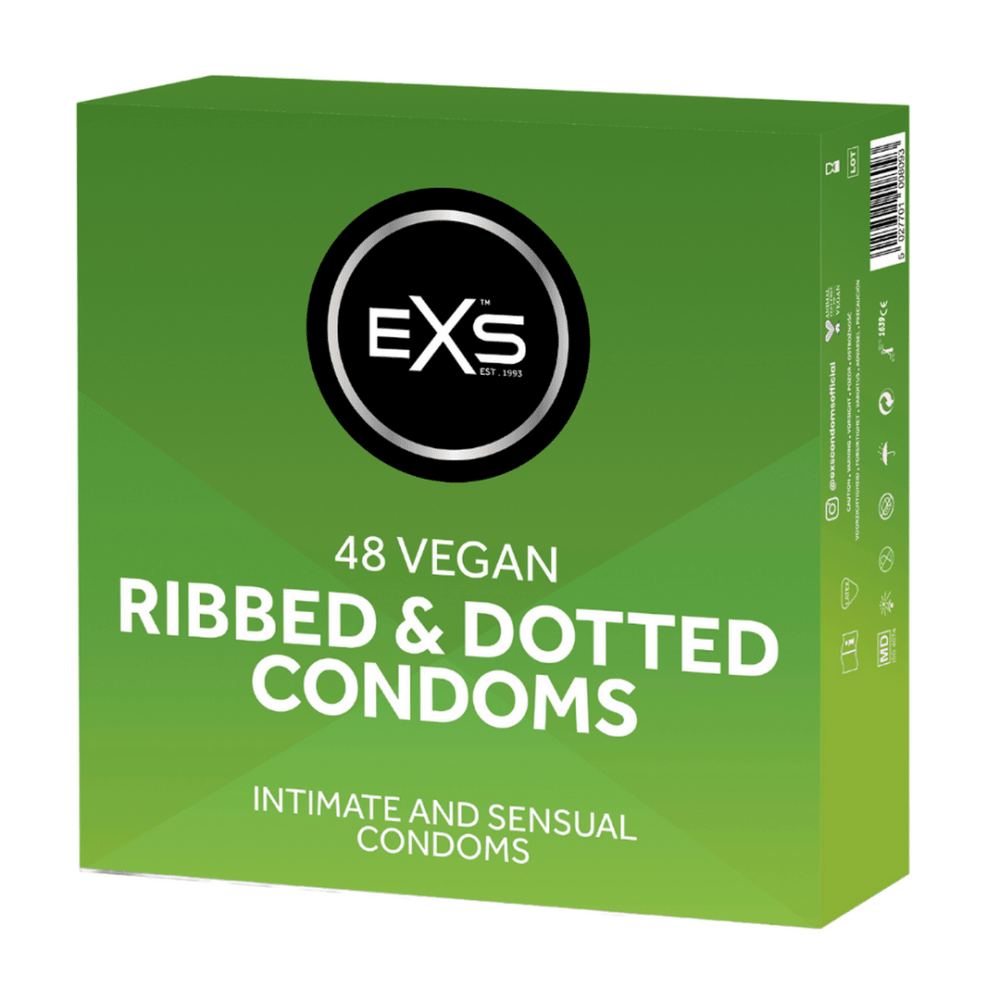 EXS Ribbed & Dotted Condooms 48 Stuks 56 mm in frisgroene verpakking, strak vooraanzicht op witte studio-achtergrond