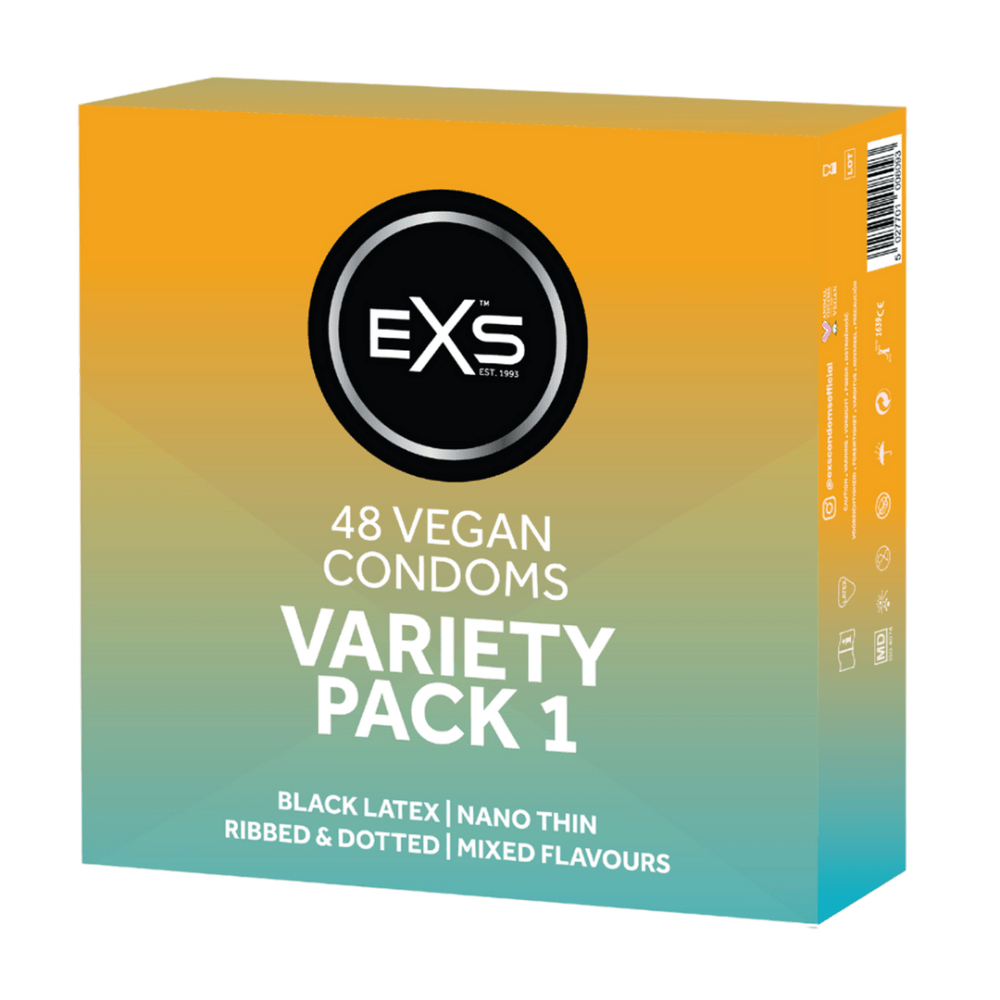 EXS Condoom Variatiepakket 1 48 Stuks, verpakking met oranje en turquoise kleurverloop op witte studioachtergrond