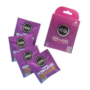 EXS Vrouwencondooms Non-Latex 4 Stuks, verpakking met vier losse sachets in roze paarse tinten op wit