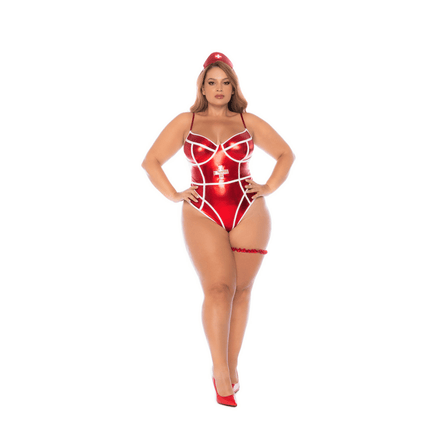 Mapalé verpleegster kostuum 1/2X rood metallic, voorkant met bodysuit, kousenband en hoofdband